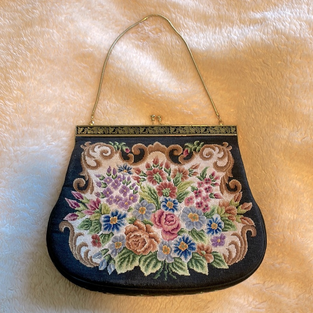 Vintage German Flower Embroidery/ With Gold Tone Strap